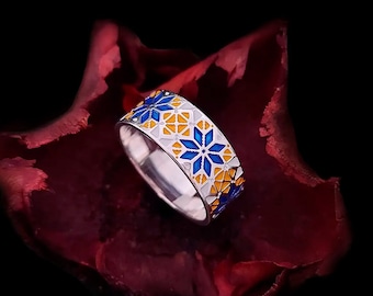 Ukrainischer Ornament Ring mit Emaille – Ukrainischer Stickerei Bandring – Schmuck mit Vyshyvanka Muster
