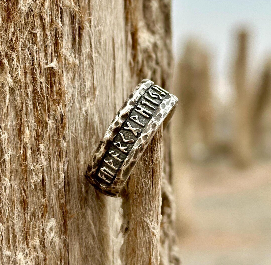 Hammered Viking Rune Ring, Norse Runes Band, Nordic Silver Ring for Men ...