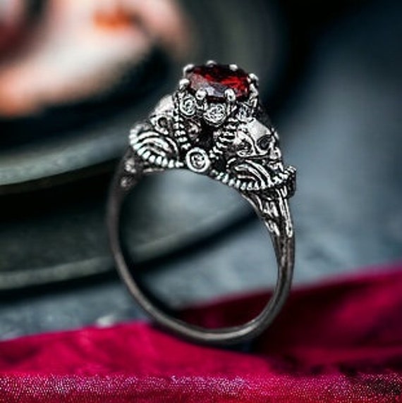 Bague Coeur Rouge En Argent Sterling 925 - Pierre Grenat - Style Gothique Ou Mariage - Neuf