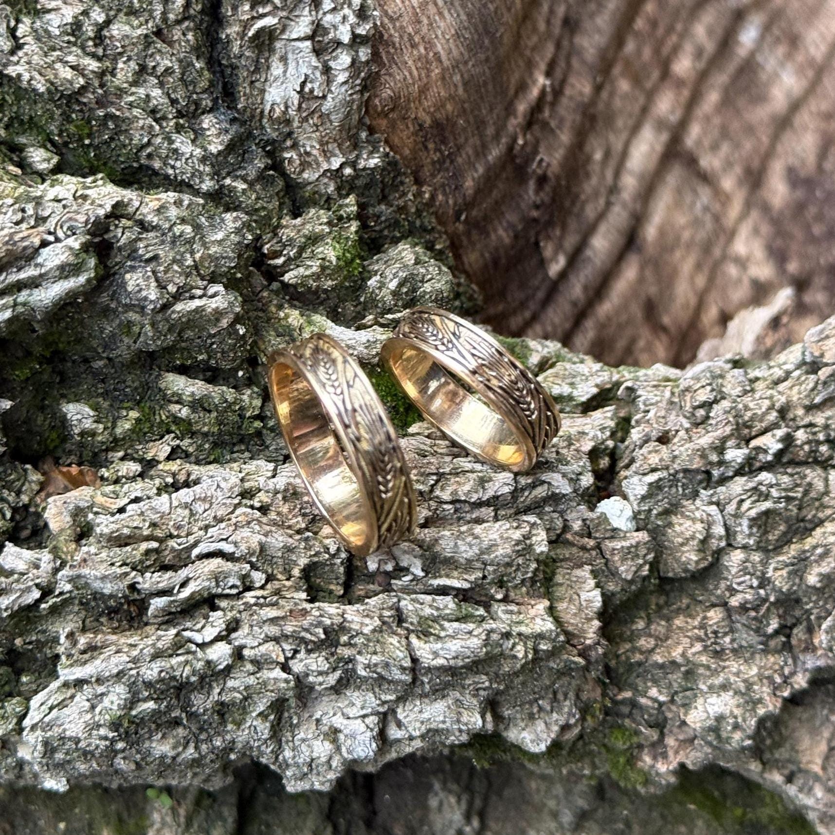 14k リング　指輪 ウクライナ産小麦の結婚指輪、お揃いのバンドセット、手彫りの指輪