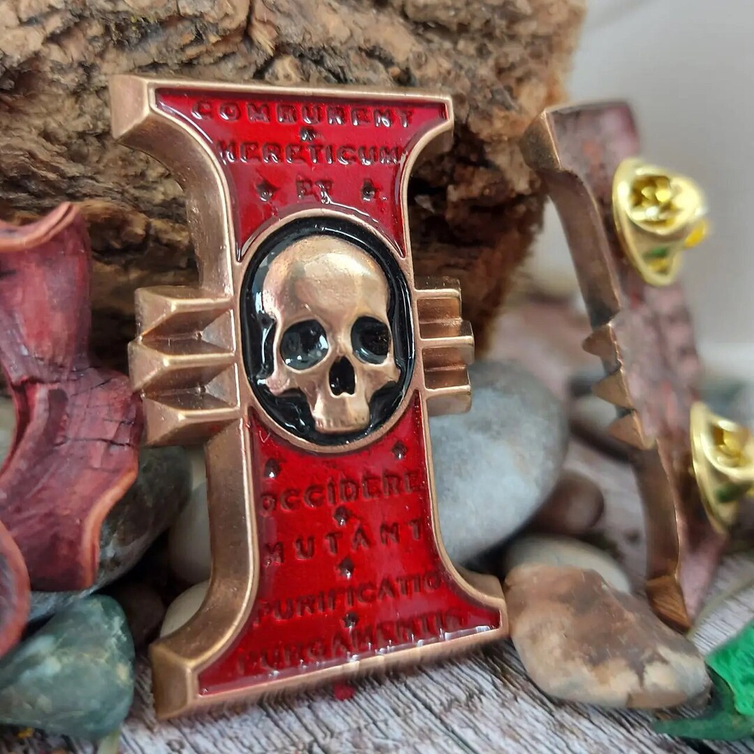 thumbnail image 2 of Inquisitorial Rosette Skull Symbol Enamel Pin Badge For War Game 2 of 14