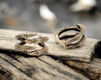 Anello Regolabile Artiglio Di Drago O Corvo In Stile Gotico, Nero E Oro Con Pietra Rossa, Dark Fantasy