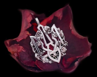 Sterling Silver Tryzub Necklace – Ukrainian Trident Pendant with Grapevine Design | National Symbol Jewelry | Gift for Ukrainians