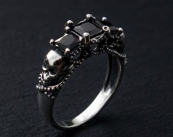 Gothic Skull Ring with Gems – Dark Romantic Jewelry, Punk Skull Engagement Ring, Unique Gothic Ring for Men or Women, Biker Skull Ring