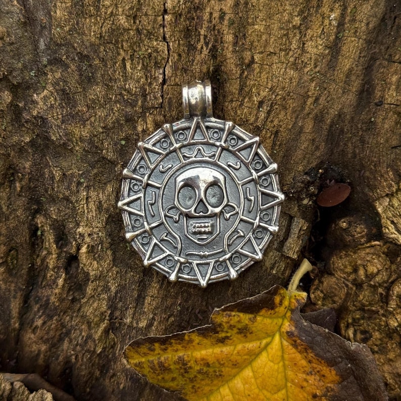 Sterling Silver Aztec Medallion Necklace - Skull Coin Pirates Pendant ...