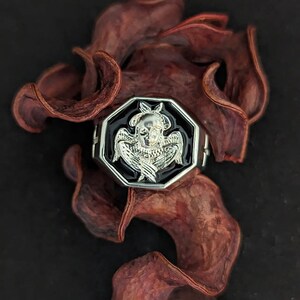 K&ouml;nnte beinhalten: Silberfarbener Ring mit schwarzem, achteckigem Gesicht, das einen gefl&uuml;gelten Totenkopf zeigt. Der Ring hat ein detailliertes Design und ist vor einem dunklen Hintergrund mit getrockneten, rotbraunen Bl&uuml;tenbl&auml;ttern platziert.