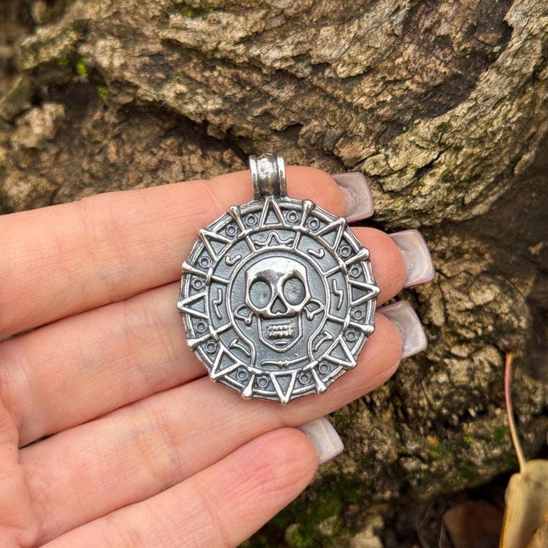 Sterling Silver Aztec Medallion Necklace - Skull Coin Pirates Pendant ...