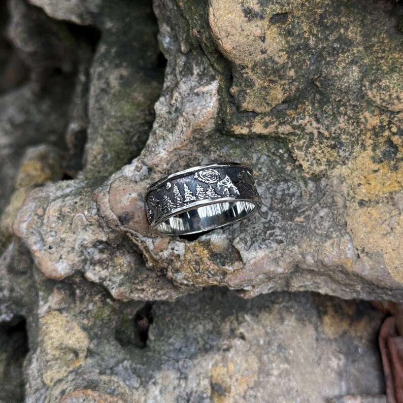 Phoenix Rising Ring Gold Cosmic Phoenix Rising Ring • Mountains, Trees & Saturn • Mythic Rebirth ...