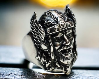Silver Viking Ring with Thor's Head - Norse Mythology Jewelry