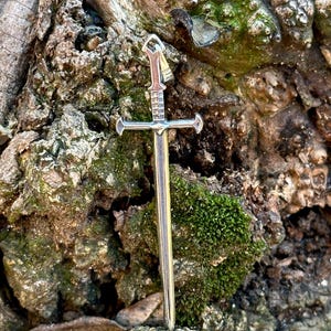 May include: A silver sword pendant with a cross guard and a pointed tip. The pendant is hanging from a chain and is resting on a mossy rock.