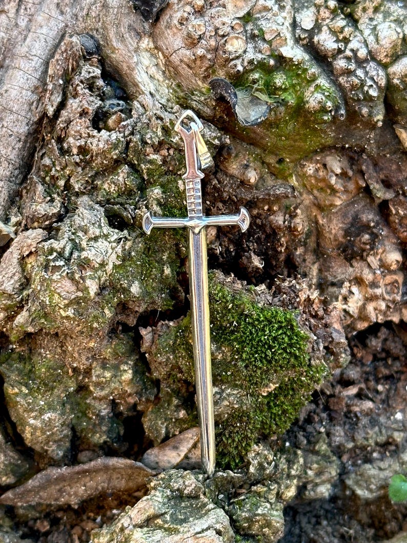 May include: A silver sword pendant with a cross guard and a pointed tip. The pendant is hanging from a chain and is resting on a mossy rock.