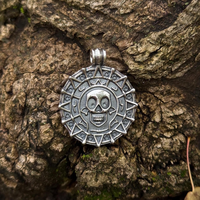 Sterling Silver Aztec Medallion Necklace - Skull Coin Pirates Pendant ...