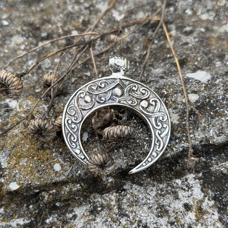 May include: A silver-colored crescent moon pendant with intricate scrollwork and a small loop for a chain. The pendant is displayed on a textured gray stone surface, with dried plant stems and seed heads in the background.