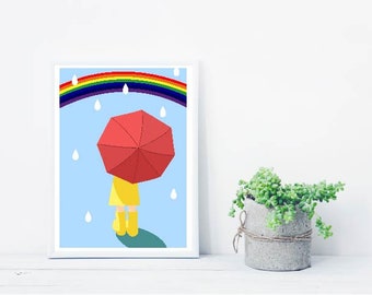 Girl with an umbrella, Children's Wall Art, Rain and Rainbow, girl room decor, Digital Download