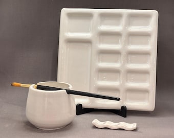 Ceramic Watercolor Palette Set - Paint Mixing Tray, Brush Rest & Water Cup