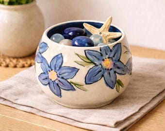 Handmade ceramic bowl with handpainted flowers