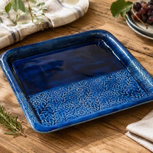 Wildflower Ridge Collection: Handmade Blue Floral Serving Tray – 13” Square Ceramic Platter