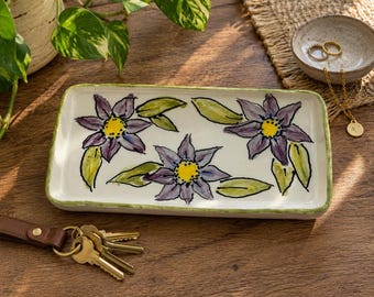 Handmade Floral Ceramic Tray | Handpainted Purple Flower Jewelry Dish