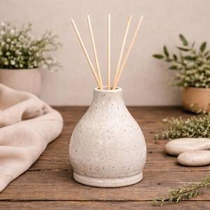 Handmade Ceramic Reed Diffuser Vase | Minimalist Pottery Home Decor | Speckled White Stoneware Diffuser Bottle