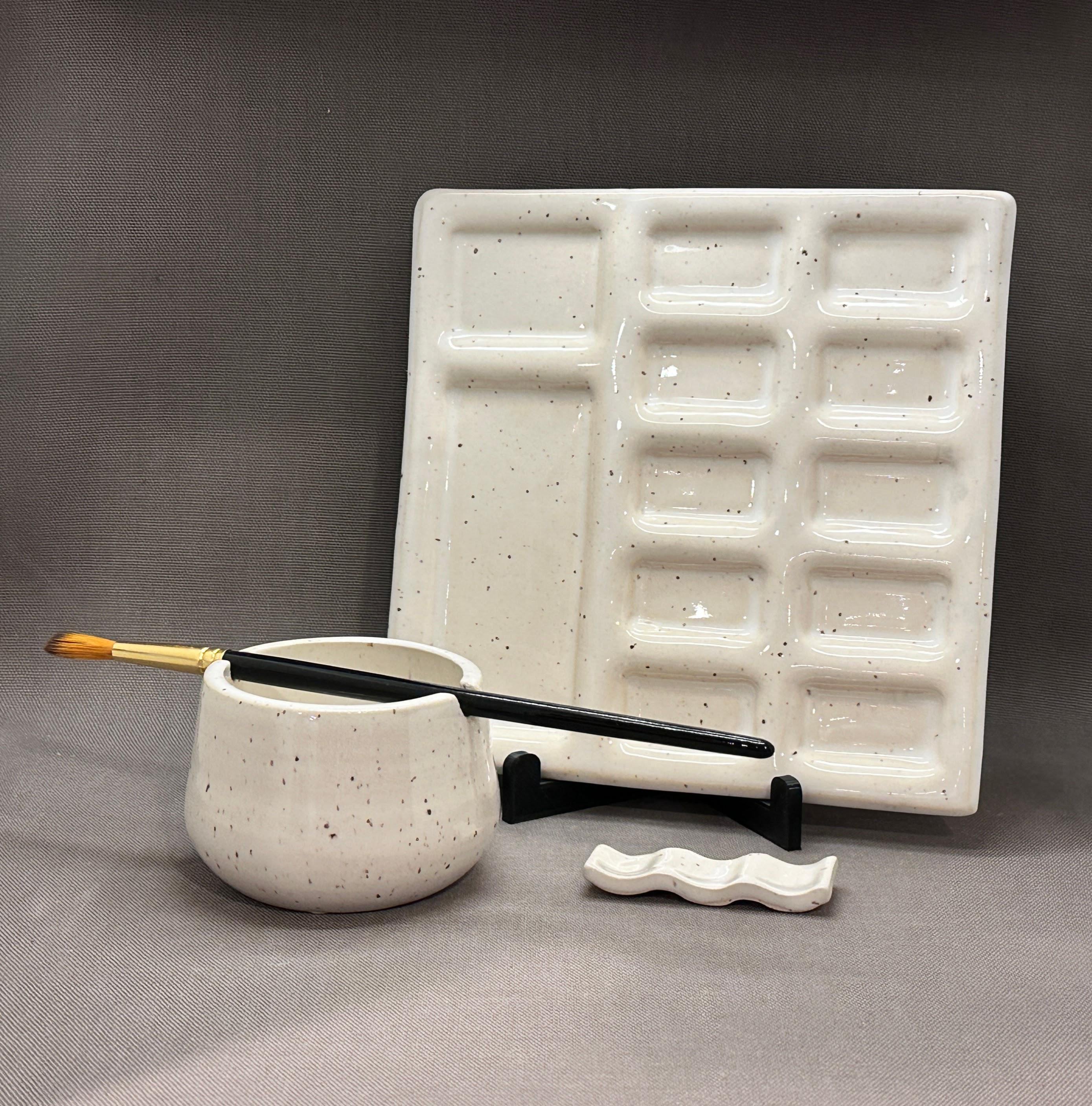 Round handmade ceramic watercolor palette set with rinse cup