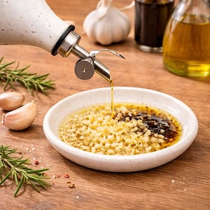 May include: A ceramic oil dispenser with a stainless steel spout pours oil into a white bowl filled with minced garlic and other ingredients. Garlic cloves, rosemary sprigs, and other bottles are in the background on a wooden surface.