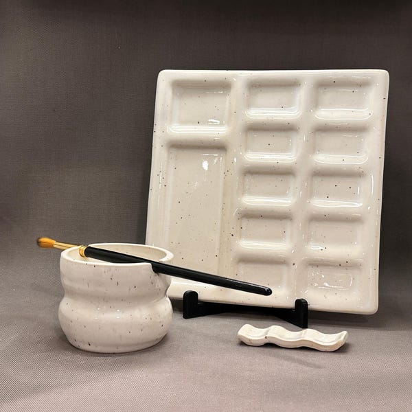 Speckled Ceramic Paint Palette with Wavy Cup and Matching Paintbrush Rest Gift Set