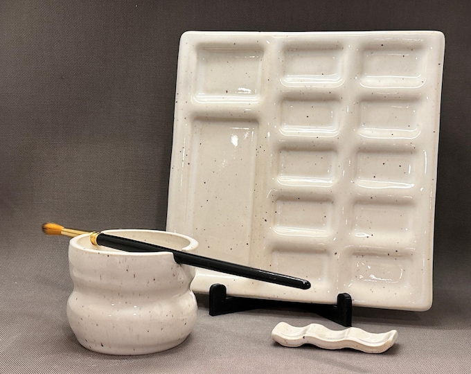Speckled Ceramic Watercolor Palette Set | Paint Mixing Tray, Brush Rest & Wavy Water Cup