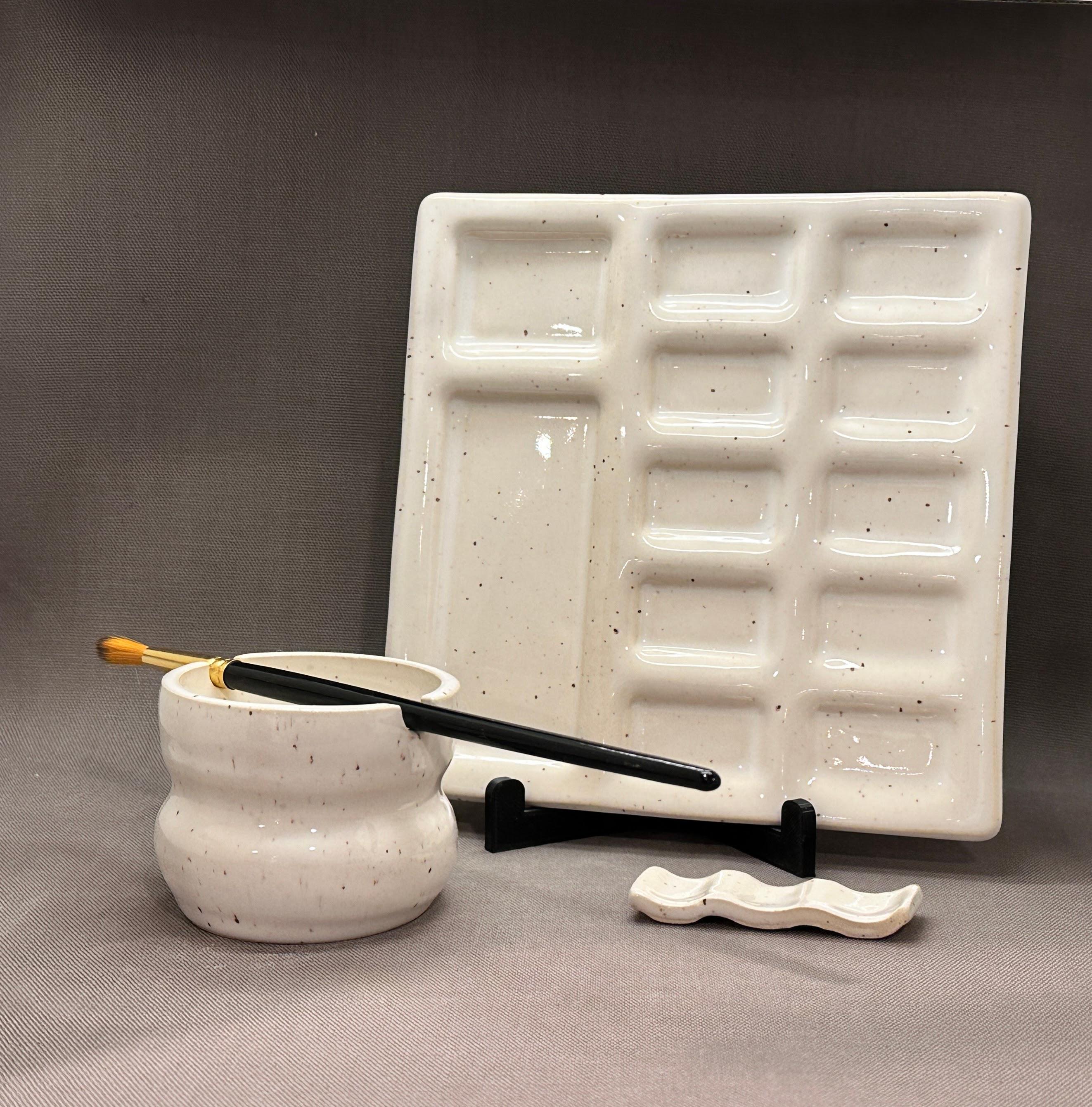 Speckled ceramic watercolor palette set with brush rest and wavy water cup