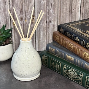 May include: A speckled white ceramic essential oil diffuser with wooden reeds, next to a small potted succulent and a stack of vintage books with gold lettering. The books have green, brown, and black covers.