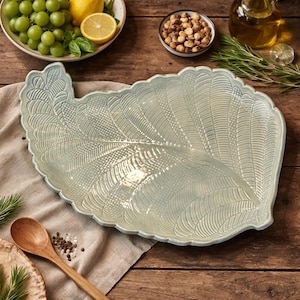 May include: A large, light blue ceramic leaf-shaped serving platter with detailed vein and feather-like patterns. The platter is on a wooden table, with grapes, lemons, nuts, and a wooden spoon nearby. A decorative piece for serving food.