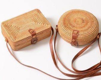 Woven Rattan Bag Handmade Round Straw Shoulder Bag Small Beach HandBags Women Summer Hollow Crossbody Bags