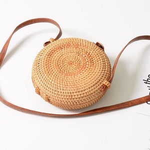 Woven Rattan Bag Handmade Round Straw Shoulder Bag Small Beach - Etsy