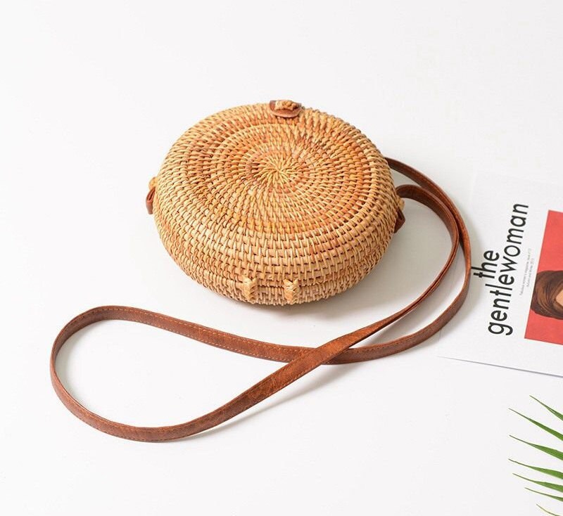 Woven Rattan Bag Handmade Round Straw Shoulder Bag Small Beach | Etsy