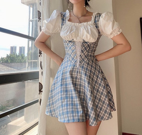 Vintage Cute Corset Style Plaid Summer Dress Lace-up Ruffle - Etsy Israel