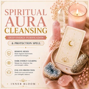 May include: A still life arrangement featuring items for spiritual aura cleansing. The image includes crystals, a lit candle, a tarot card, and a bundle of sage. Text on the image reads "Spiritual Aura Cleansing" and "Deep Energy Purification & Protection Spell."