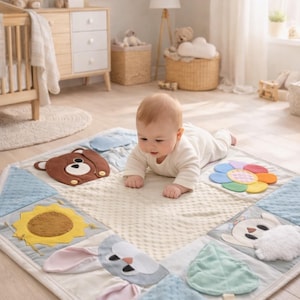 May include: A square baby activity play mat featuring a central cream-colored textured fabric surrounded by various fabric appliques including a brown bear face, a yellow sun, a gray rabbit, a green leaf, and a multi-colored flower.