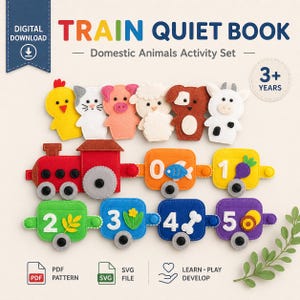 Puede incluir: Un libro tranquilo de tren de fieltro con formas de animales domésticos y los números 0-5. El tren es rojo, y los vagones son de varios colores. El texto "TRAIN QUIET BOOK" está en la parte superior.