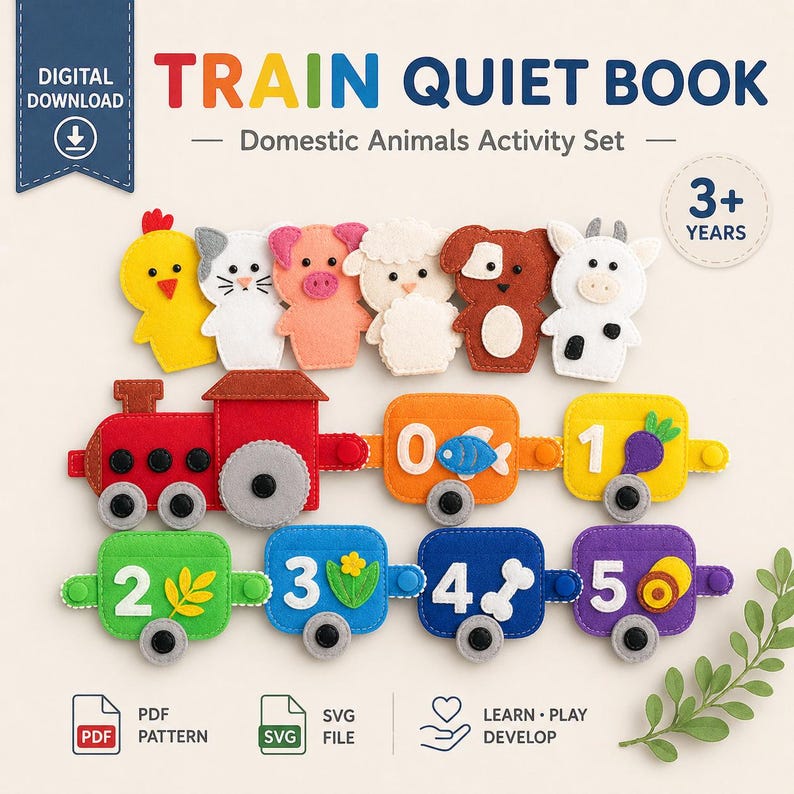 Basic Felt Train Pattern Train Quiet Book Pattern PDF SVG – Domestic Animals Activity Set (3 ...