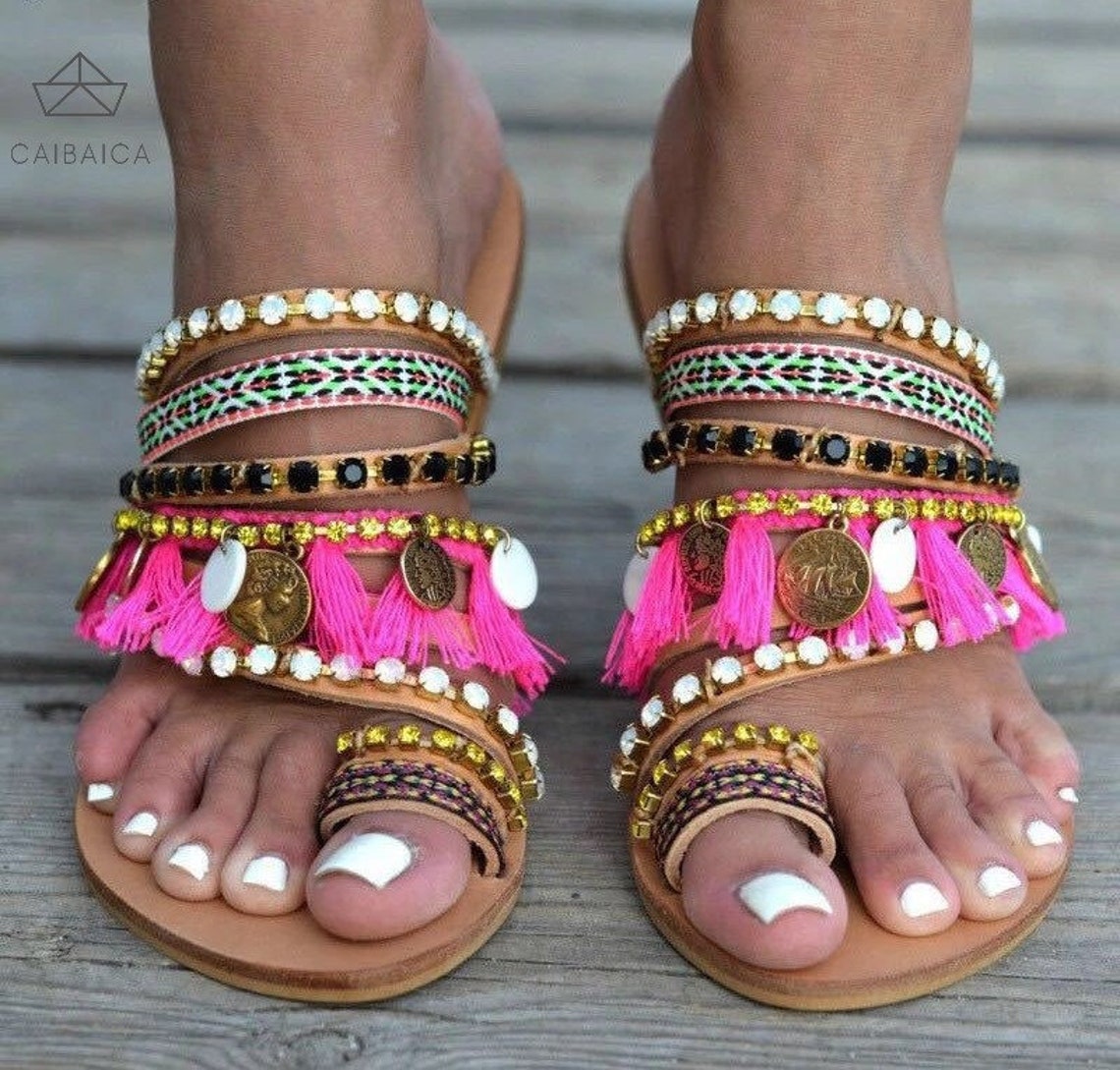 Bohemian Beach Women Sandals Ethnic Style Flat Sole Summer | Etsy