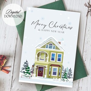 Tarjeta navideña digital para descargar, tarjeta de felicitación navideña imprimible con linda casa, árbol de Navidad, ilustración navideña, clipart navideño
