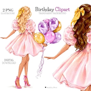Clipart anniversaire, Clipart anniversaire fille, carte d'anniversaire, fille avec des montgolfières, fille PNG, Clipart fille blonde anniversaire Clipart carte de voeux