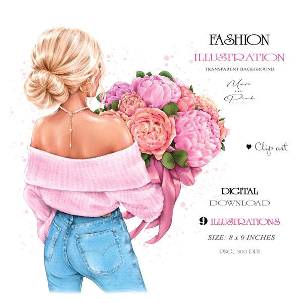 Fille avec des fleurs fille Clipart mode Illustration numérique Illustration blonde fille mode Clipart PNG coiffure tendance Girly planificateur