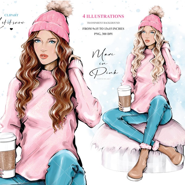 Mode Illustration Mädchen, Winter Planer Cover, Winter Clipart, Winter Mädchen Illustration, Kaffee Clip Art, Kaffee Mädchen Clipart, hübsches Mädchen