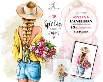 Girl with Flowers Clipart, Girl Clipart, Flowers Clipart, Fashion Illustration, Spring Clipart, Girl Clipart Fashion Clipart Girl PNG Tulips
