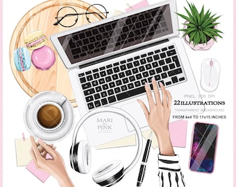 Clipart de laptop, clipart de escritório, flat lay, clipart de chefe de garota, adesivos de planejador, planejador feminino, capa de planejador, clipart de blog, clipart de café