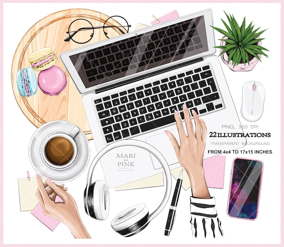 Laptop Clipart, Office Clipart, Flat Lay, Girl Boss Clipart, Planner Stickers, Girly Planner, Planner Cover, Blog Clipart, Coffee Clipart