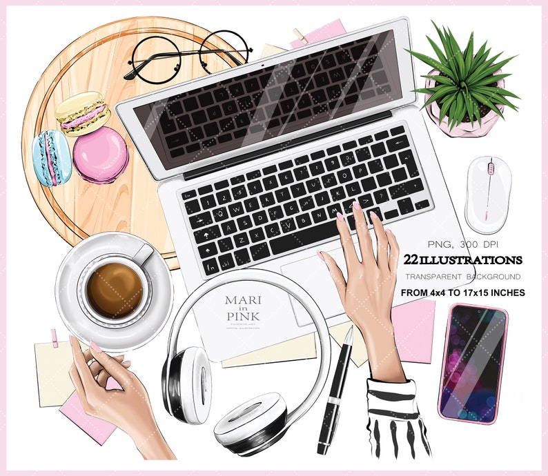 May include: A digital illustration of a workspace with a laptop, coffee cup, headphones, a smartphone, a mouse, and macarons. The illustration is in a cartoon style and features a hand typing on the laptop keyboard.