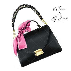 May include: A black quilted handbag with a gold chain strap and a pink satin ribbon. The bag has a gold clasp and a quilted design. The text "Mari in Pink Fashion Art" is visible in the image.