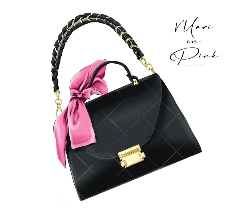 May include: A black quilted handbag with a gold chain strap and a pink satin ribbon. The bag has a gold clasp and a quilted design. The text "Mari in Pink Fashion Art" is visible in the image.