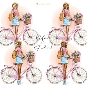 May include: Four illustrations of a woman in a pink and white striped shirt, a blue denim skirt, a straw hat, and a brown backpack riding a pink bicycle with a basket of pink tulips. The text "Mari in Pink" and "Fashion Art" is below the images.